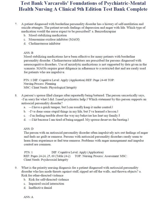 Test Bank Varcarolis Foundations of Psychiatric-Mental Health Nursing
